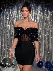 Lovelzi Elegant Black Off-Shoulder Mesh Bow Handmade Pearl Waist Tight Fitting Cocktail Dress