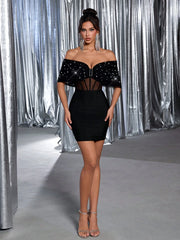 Lovelzi Elegant Black Off-Shoulder Mesh Bow Handmade Pearl Waist Tight Fitting Cocktail Dress