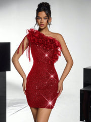 Lovelzi Elegant And Gorgeous Black Fine Sequin Contrast Organza One-Shoulder Cocktail Dress