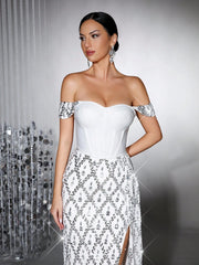 Luxury Shiny Heavy Crystal Diamond Sequins See-Through Mesh Long Dress One-Shoulder Neck Sexy Bodycon