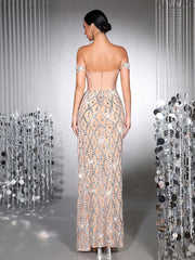 Luxury Shiny Heavy Crystal Diamond Sequins See-Through Mesh Long Dress One-Shoulder Neck Sexy Bodycon