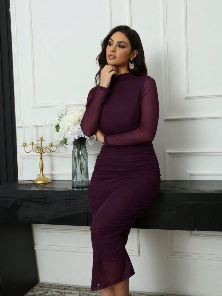 Seusyu Women's Solid Color Minimalist Long Sleeve Mesh Dress Maxi