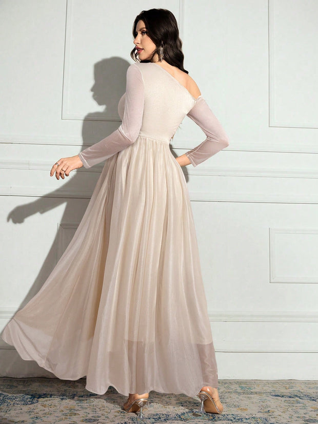 Modelyn Women's Solid Color Asymmetrical Neck Sparkly Glamorous Elegant Dress.