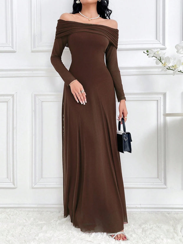 Modelyn Women's Elegant Solid Color Off Shoulder Dress Long Dresses