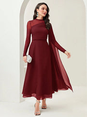 Modelyn Burgundy Red Contrast Mesh Ruched Dress With Sleeves Dress Long Evening Dresses