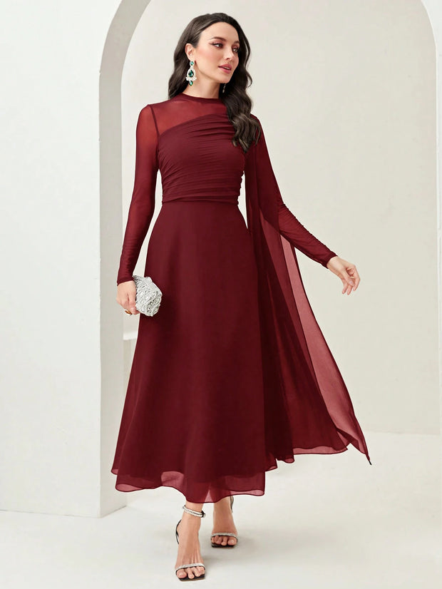 Modelyn Burgundy Red Contrast Mesh Ruched Dress With Sleeves Dress Long Evening Dresses