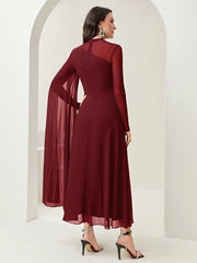 Modelyn Burgundy Red Contrast Mesh Ruched Dress With Sleeves Dress Long Evening Dresses