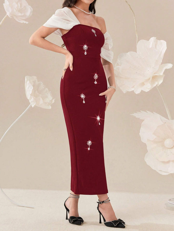 Modelyn Elegant Color Block Splice Women's Summer Long Dress With Rhinestone Decoration