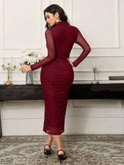 Seusyu Women's Solid Color Minimalist Long Sleeve Mesh Dress Maxi
