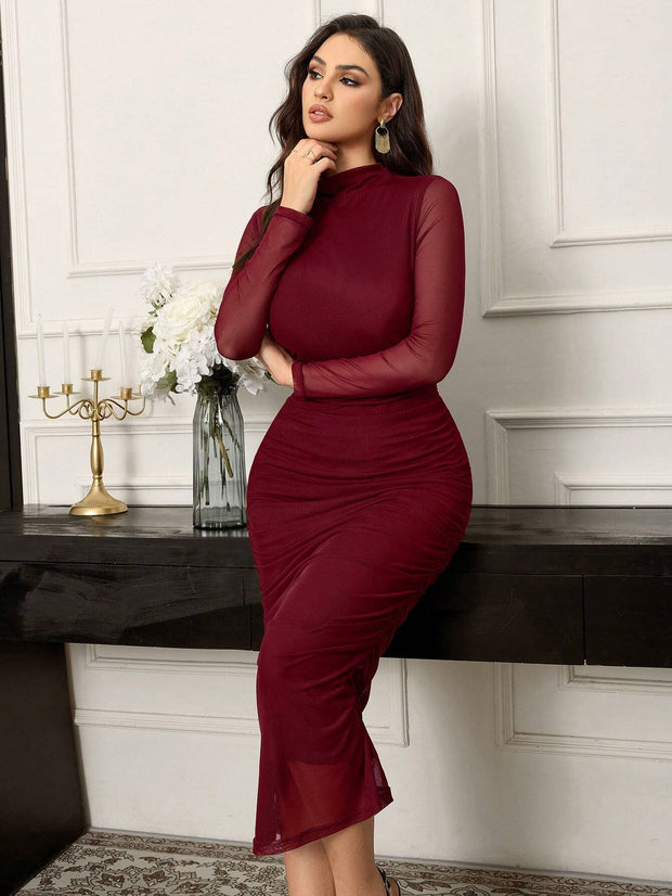 Seusyu Women's Solid Color Minimalist Long Sleeve Mesh Dress Maxi