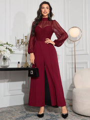 Modelyn Contrast Mesh Mock Neck Lantern Sleeve Wide Leg Jumpsuit