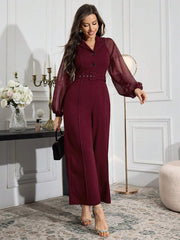 Modelyn Burgundy Red Women's Elegant Stand Collar Mesh Sleeve Jumpsuit