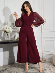 Modelyn Burgundy Red Women's Elegant Stand Collar Mesh Sleeve Jumpsuit