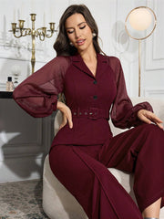 Modelyn Burgundy Red Women's Elegant Stand Collar Mesh Sleeve Jumpsuit