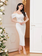 Modelyn Contrast Mesh Cold Shoulder Split Back Bodycon Dress Without Belt Long Evening Dresses
