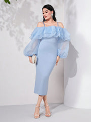 Modelyn Cold Shoulder Ruffle Trim Lantern Sleeve Split Back Dress Long Evening Dresses