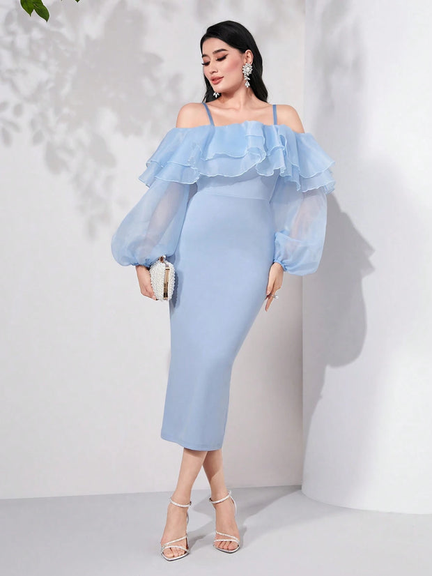 Modelyn Cold Shoulder Ruffle Trim Lantern Sleeve Split Back Dress Long Evening Dresses