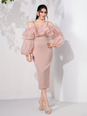 Modelyn Cold Shoulder Ruffle Trim Lantern Sleeve Split Back Dress Long Evening Dresses