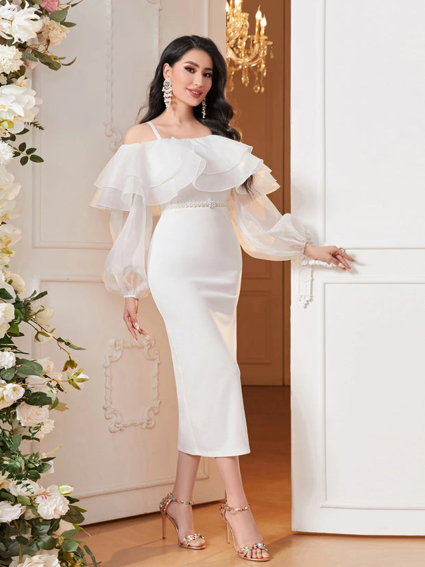 Modelyn Cold Shoulder Ruffle Trim Lantern Sleeve Split Back Dress Long Evening Dresses