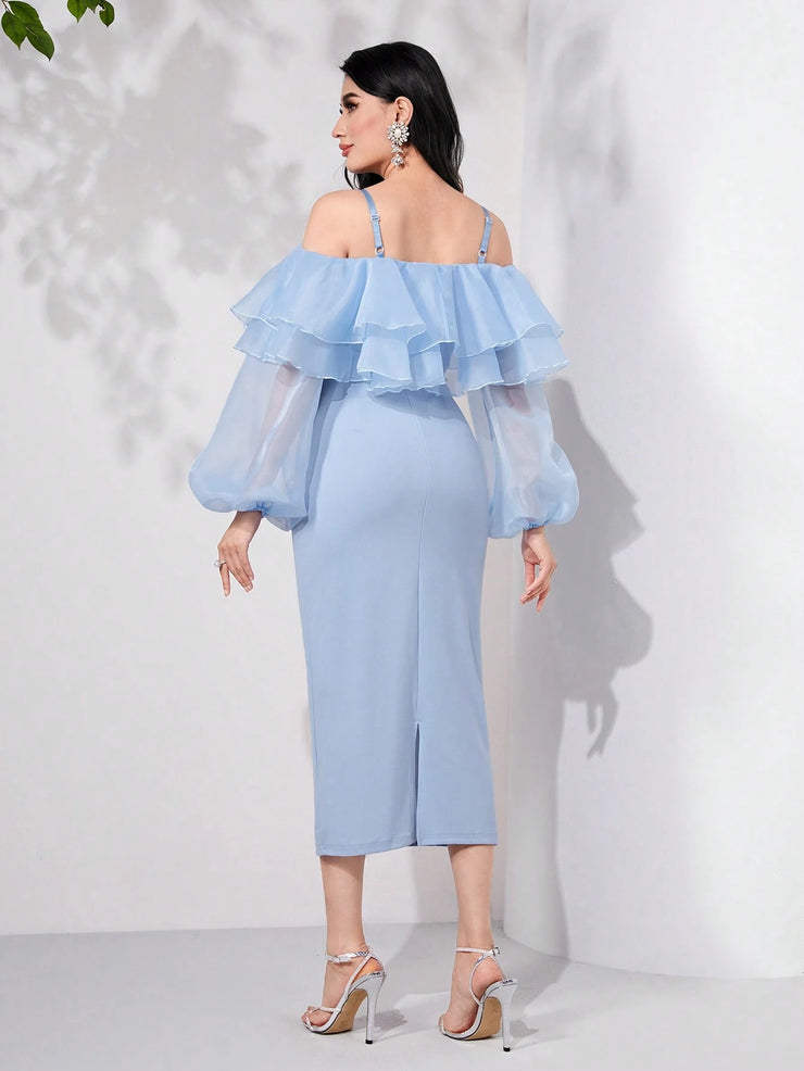 Modelyn Cold Shoulder Ruffle Trim Lantern Sleeve Split Back Dress Long Evening Dresses