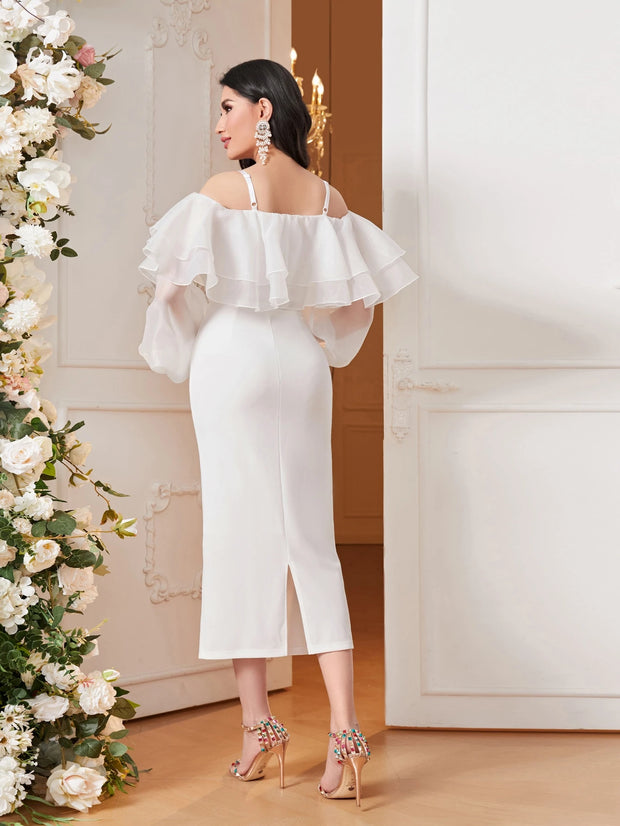 Modelyn Cold Shoulder Ruffle Trim Lantern Sleeve Split Back Dress Long Evening Dresses