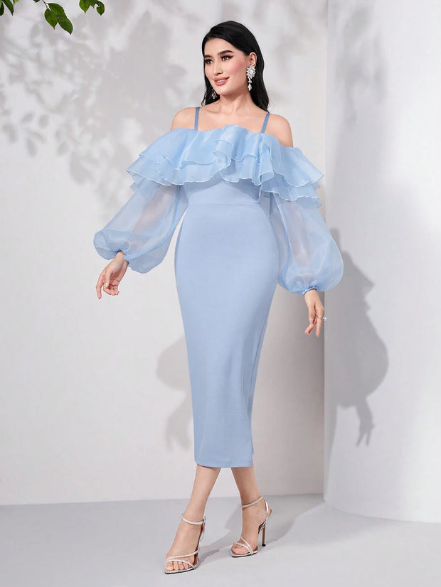 Modelyn Cold Shoulder Ruffle Trim Lantern Sleeve Split Back Dress Long Evening Dresses