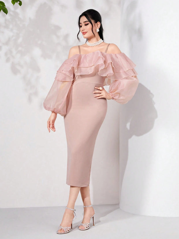 Modelyn Cold Shoulder Ruffle Trim Lantern Sleeve Split Back Dress Long Evening Dresses