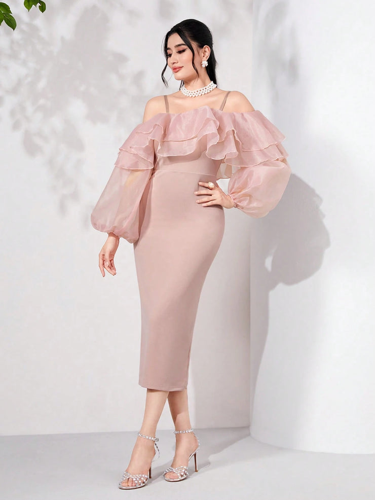 Modelyn Cold Shoulder Ruffle Trim Lantern Sleeve Split Back Dress Long Evening Dresses