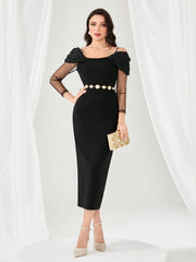 Modelyn Contrast Mesh Cold Shoulder Split Back Bodycon Dress Without Belt Long Evening Dresses