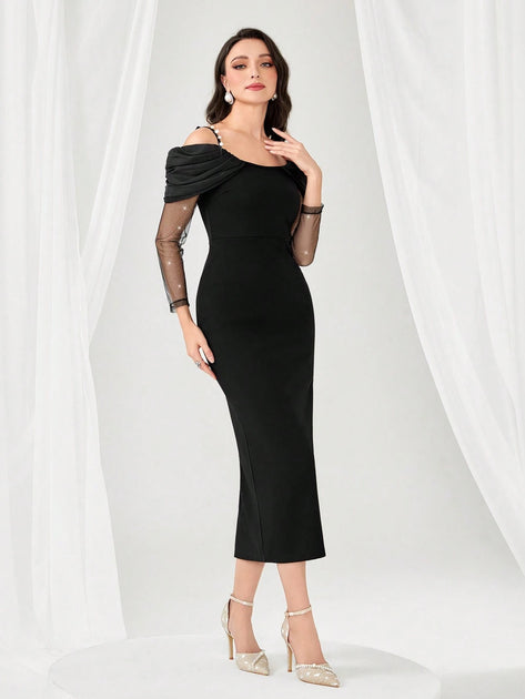 Modelyn Contrast Mesh Cold Shoulder Split Back Bodycon Dress Without ...