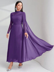 Modelyn Burgundy Red Contrast Mesh Ruched Dress With Sleeves Dress Long Evening Dresses