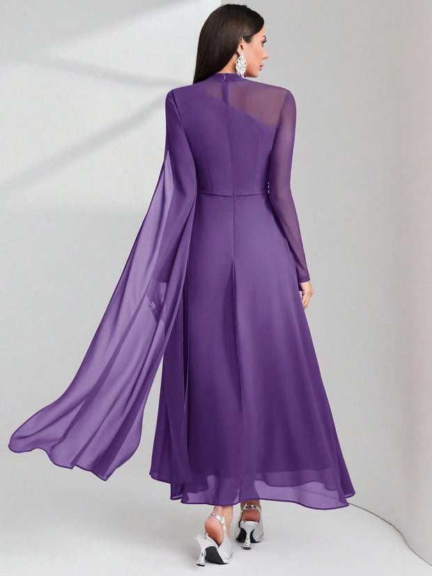 Modelyn Burgundy Red Contrast Mesh Ruched Dress With Sleeves Dress Long Evening Dresses
