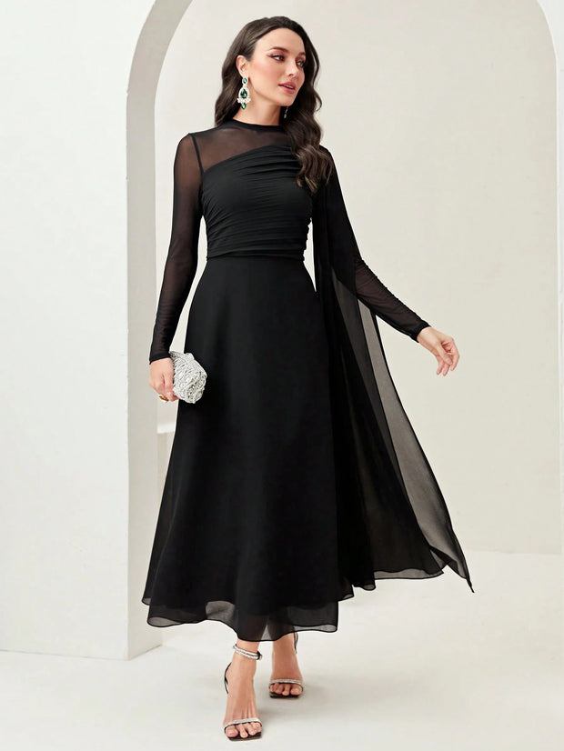 Modelyn Burgundy Red Contrast Mesh Ruched Dress With Sleeves Dress Long Evening Dresses