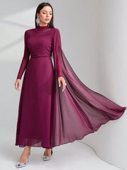 Modelyn Burgundy Red Contrast Mesh Ruched Dress With Sleeves Dress Long Evening Dresses