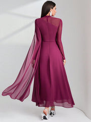 Modelyn Burgundy Red Contrast Mesh Ruched Dress With Sleeves Dress Long Evening Dresses