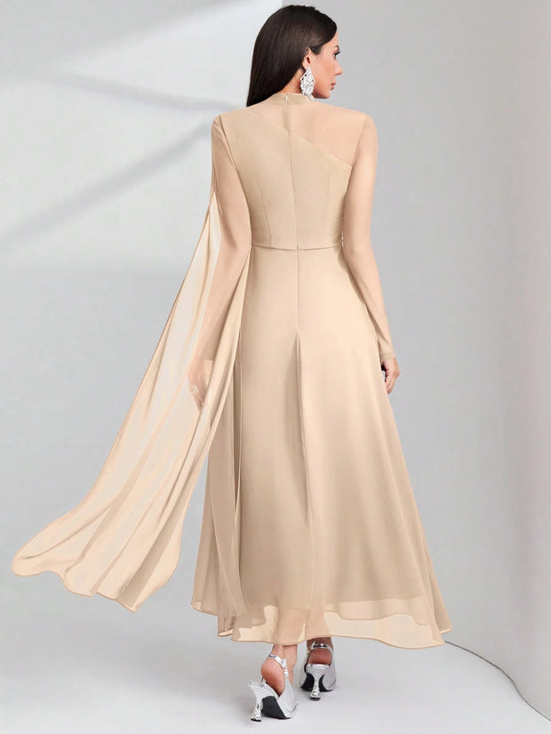 Modelyn Burgundy Red Contrast Mesh Ruched Dress With Sleeves Dress Long Evening Dresses