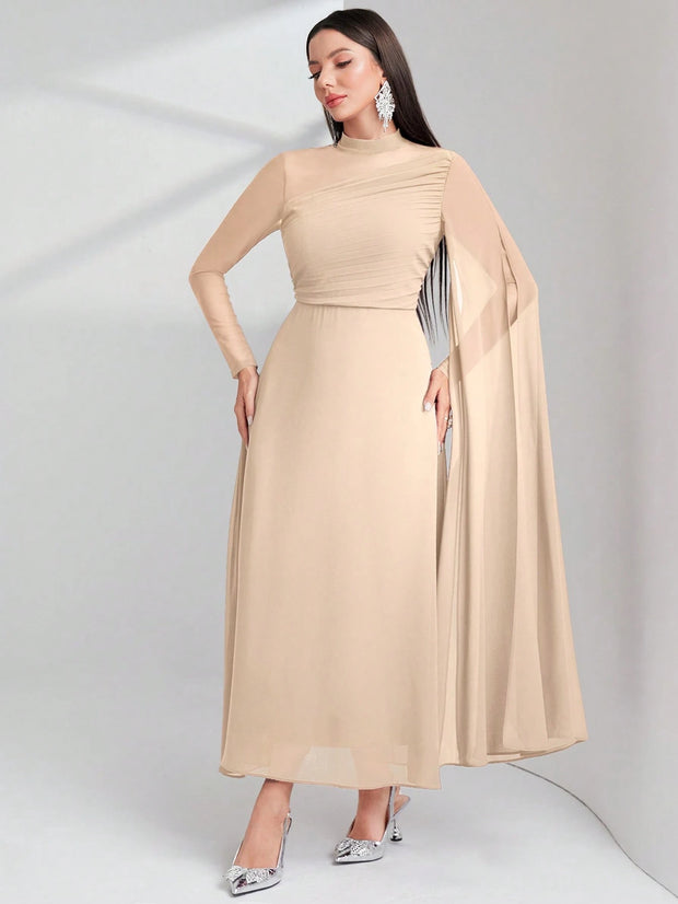 Modelyn Burgundy Red Contrast Mesh Ruched Dress With Sleeves Dress Long Evening Dresses