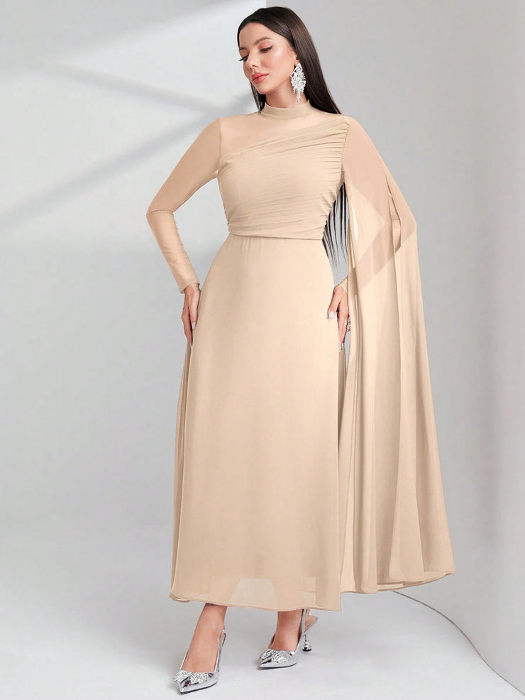Modelyn Burgundy Red Contrast Mesh Ruched Dress With Sleeves Dress Long Evening Dresses