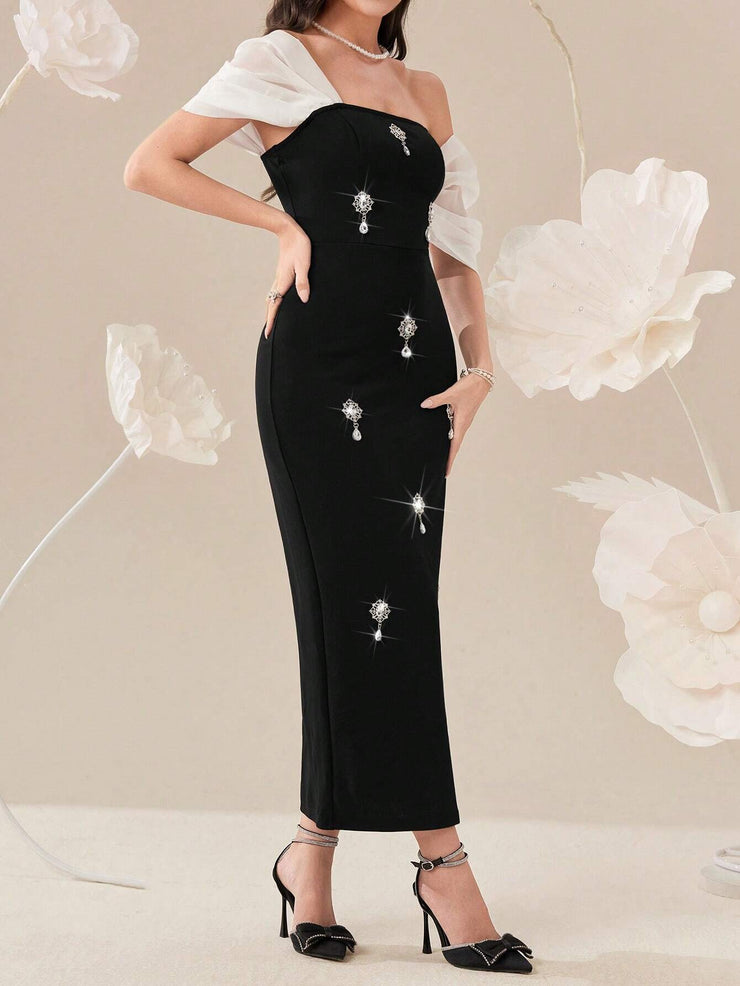 Modelyn Elegant Color Block Splice Women's Summer Long Dress With Rhinestone Decoration