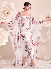 Modelyn Women 2pcs Set - Floral Print Pleated Dress & Front Open Cardigan Jacket 2 Pieces Set