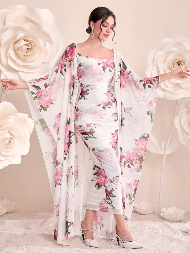 Modelyn Women 2pcs Set - Floral Print Pleated Dress & Front Open Cardigan Jacket 2 Pieces Set