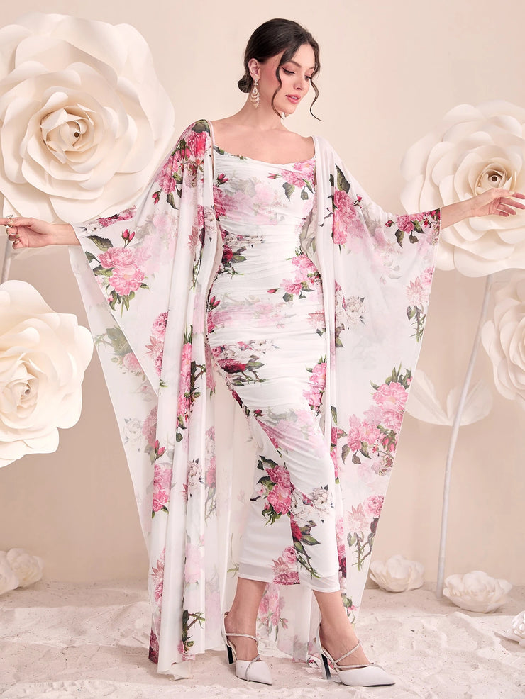 Modelyn Women 2pcs Set - Floral Print Pleated Dress & Front Open Cardigan Jacket 2 Pieces Set