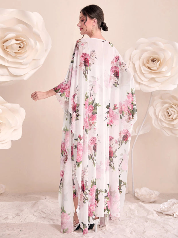 Modelyn Women 2pcs Set - Floral Print Pleated Dress & Front Open Cardigan Jacket 2 Pieces Set