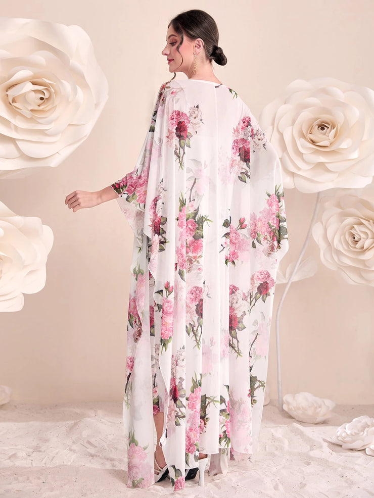Modelyn Women 2pcs Set - Floral Print Pleated Dress & Front Open Cardigan Jacket 2 Pieces Set
