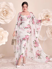 Modelyn Women 2pcs Set - Floral Print Pleated Dress & Front Open Cardigan Jacket 2 Pieces Set