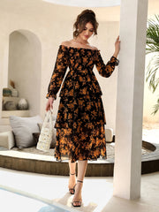 Modelyn Floral Print Off Shoulder Shirred Flounce Sleeve Layered Hem Dress Maxi