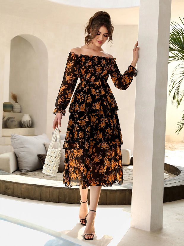 Modelyn Floral Print Off Shoulder Shirred Flounce Sleeve Layered Hem Dress Maxi