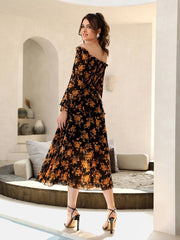 Modelyn Floral Print Off Shoulder Shirred Flounce Sleeve Layered Hem Dress Maxi
