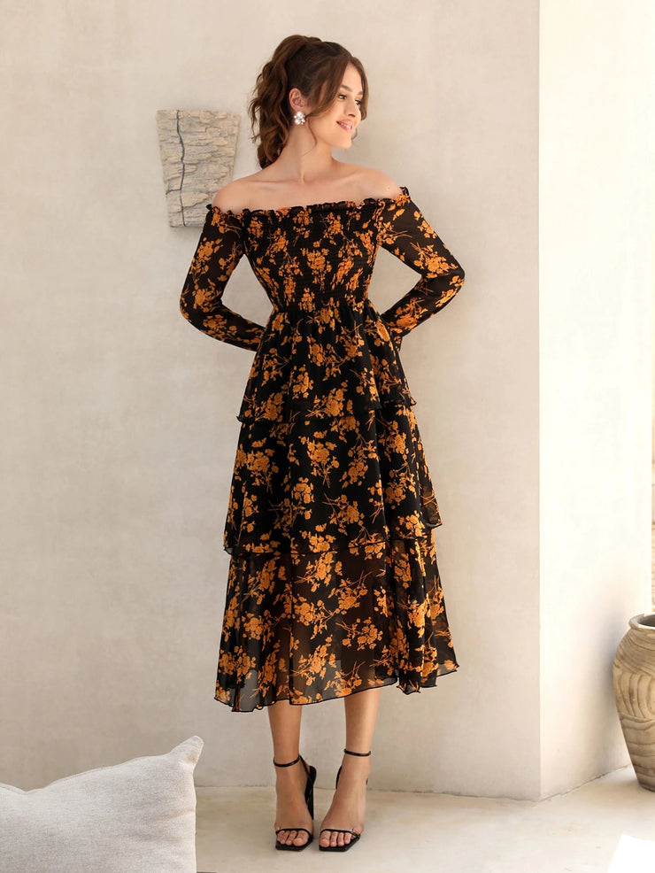 Modelyn Floral Print Off Shoulder Shirred Flounce Sleeve Layered Hem Dress Maxi