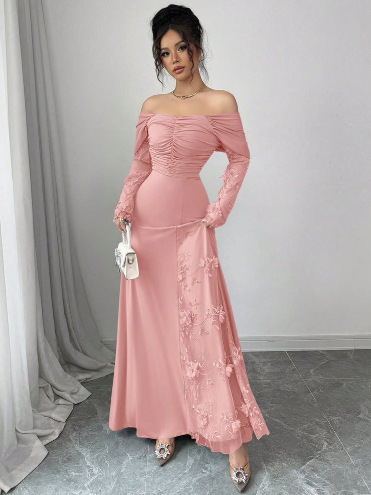 Modelyn Mesh Off Shoulder Pleated Fitted Long Sleeve Dress For Women